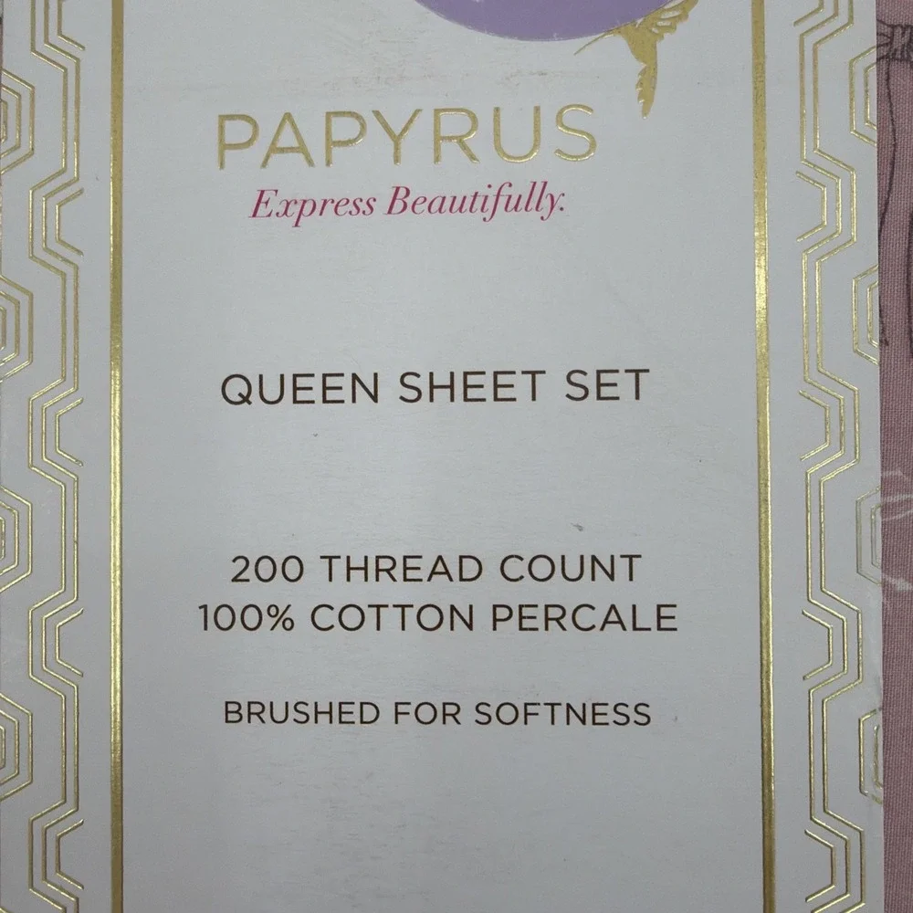 Papyrus Sheet Set QUEEN Pink Gray Bows 100% Cotton Percale Whimsical Feminine
